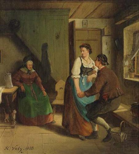 Hermann Volz Tandelndes junges Paar vor der sitzenden schlafenden Grobmutter in schwabischer Stube oil painting picture